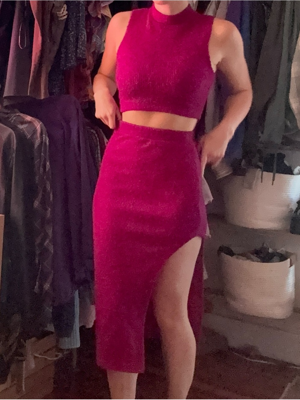 High-Slit Fuchsia Knit Skirt Set with Cropped Tank